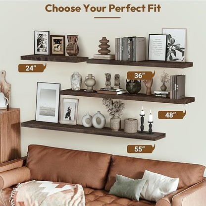 Vivelove Floating Shelves for Wall Solid Elm Wood, 24 Inches Long Rustic Wall Shelf with Invisible Bracket for Living Room Bedroom Bathroom Office Book, Farmhouse Wall Decor, Set of 2 - Dark Walnut