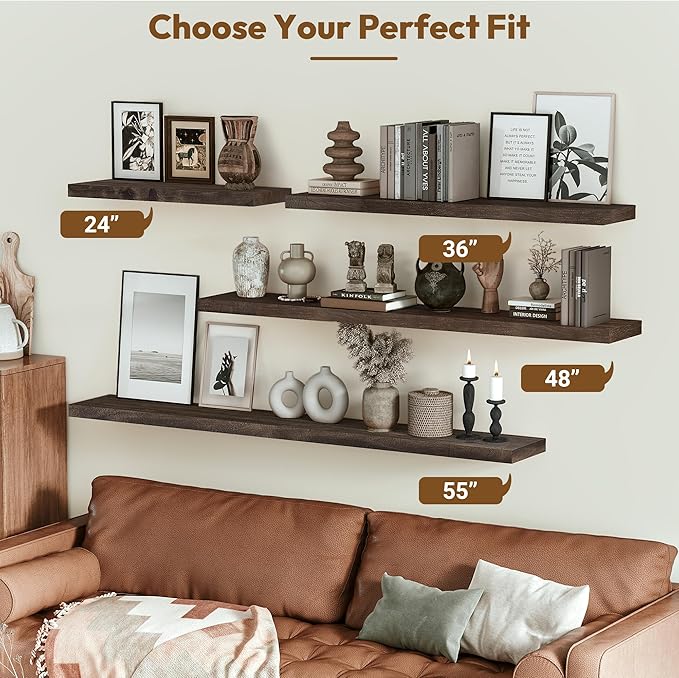 Vivelove Solid Wood Floating Shelves Set of 2, Elm Wood Wall Shelf with Invisible Bracket for Living Room Bedroom Bathroom Office, Rustic Farmhouse Decor Storage & Display, 36 inch - Dark Walnut