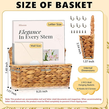 2 Pcs Woven Mail Holder Wall Mount Basket 9.25x1.57 Inch Rattan Wall Letter Holder Wicker Wall Basket Storage Water Hyacinth Hanging Storage Basket with Hooks Magazine Basket for Mail Envelope Office