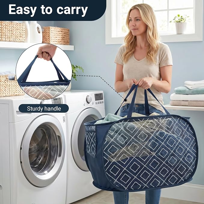 Collapsible Laundry Baskets with Side Pocket, Sturdy Pop Up Foldable Laundry Hamper with Reinforced Handles, Easy to Carry Clothes Hamper for Bathroom, Bedroom, Dorm, Travel -Prism Print, Navy Blue