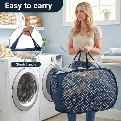 Collapsible Laundry Baskets with Side Pocket, Sturdy Pop Up Foldable Laundry Hamper with Reinforced Handles, Easy to Carry Clothes Hamper for Bathroom, Bedroom, Dorm, Travel -Prism Print, Navy Blue