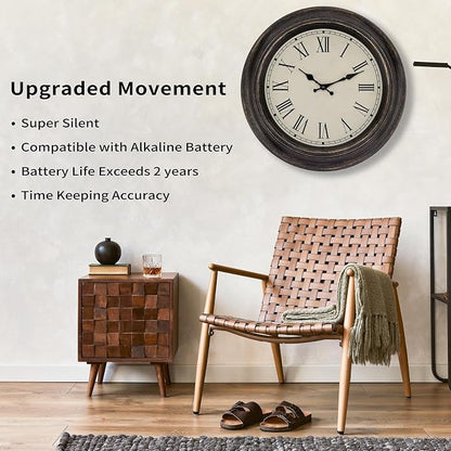 Foxtop Large Bronze Wall Clock 18 Inch Silent Non Ticking Battery Operated Classic Vintage Retro Wall Clock Decorative for Living Room Kitchen Home Office (Roman Numerals)