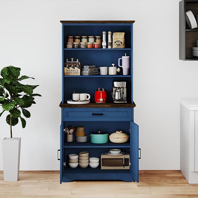 blini Tall Bookshelf with Drawers, 5-Shelf Blue Bookcase, 15" Multi Depth Storage Cabinet with Adjustable Shelves, Large Bookcases for Home Office, Living Room & Bedroom