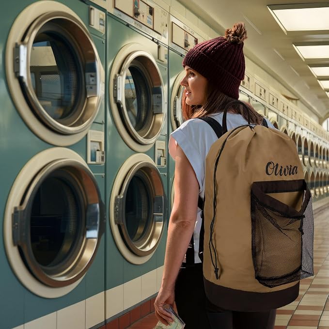 Personalized Travel Laundry Backpack, Embroidered Extra Large Laundry Bag For Travel with Shoulder Strap, Custom Heavy Duty Bag with Mesh Pocket for Delicates, Traveling and Camping