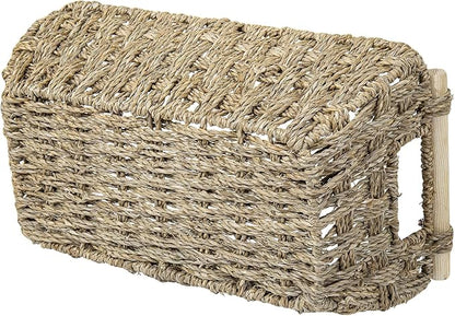 MyGift Hand-Woven Seagrass Bathroom Hand Towel Holder Basket with Wooden Handle, Rustic Countertop Storage Organizer for Towels & Toiletries