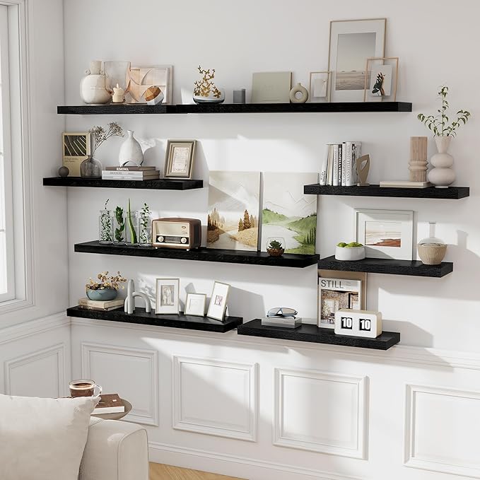 Floating Shelves for Wall, 24 Inch Floating Shelves Set of 2, Wall Mounted Rustic Wood Shelf for Bathroom, Living Room, Bedroom and Kitchen, Hanging Shelf for Storage, Books, Home Decor, Black