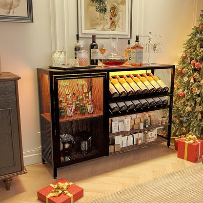 48" Wine Bar Cabinet with Power Outlet, Industrial Coffee Bar Cabinet with LED Strip, Liquor Bar Cart with Wine Rack and Glass Holder for Living Room Dining Room Kitchen, Rustic Brown