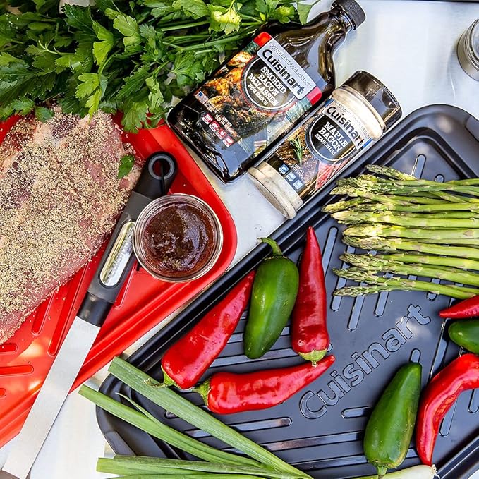 Cuisinart Grilling Prep & Serve Trays, 17x10.5 inch BBQ Tray Safe for Food Handling, 2 Dishwasher Safe Nesting Trays Black & Red, Perfect Grilling Accessories for Cooked & Raw Meat, Fits 6 Burgers