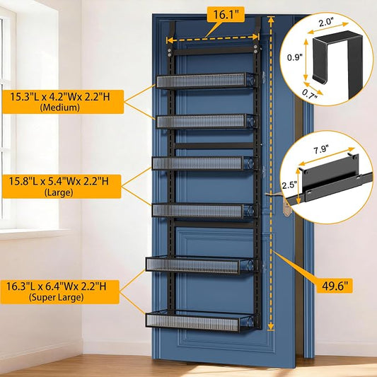 Over the Door Pantry Organizer 6 Tier Hanging or Wall Mounted Spice Rack with Adjustable Basket,Heavy Duty Metal Seasoning Organizer Shelf for Kitchen Pantry and Bathroom