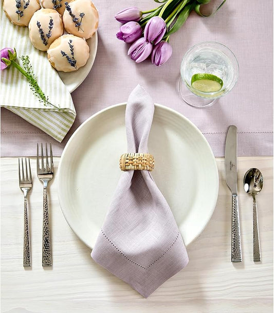 Solino Home Linen Napkins Set of 4 - Classic Hemstitch 100% Pure Linen Lilac Dinner Napkins Cloth 20 x 20 Inch for Valentines, Spring, Easter - Handcrafted and Machine Washable