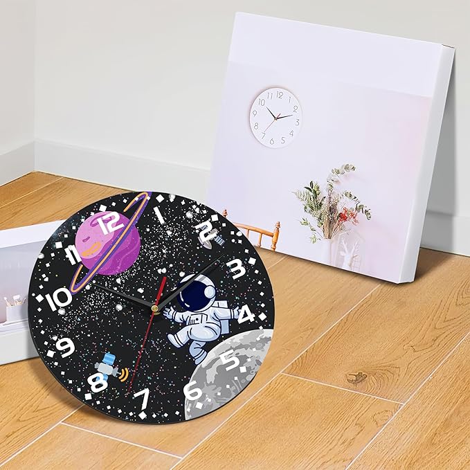 Cartoon Astronaut Wall Clock - Moon Contemporary Home Decor, Easy to Read for Living Room, Bedroom, Bathroom and Kitchen, 10 Inch