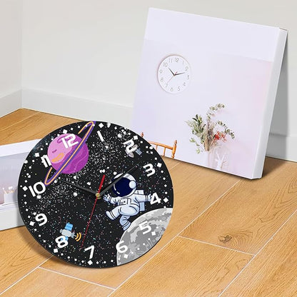 Cartoon Astronaut Wall Clock - Moon Contemporary Home Decor, Easy to Read for Living Room, Bedroom, Bathroom and Kitchen, 10 Inch