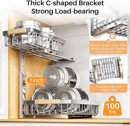 PXRACK Under Sink Organizer, Adjustable Height, 2 Tier Pull Out Cabinet Organizer, Slide Out Thickened Metal Storage for Kitchen Bathroom Laundry Pantry Cabinet, Stainless Steel, Silver, Large-2-Pack