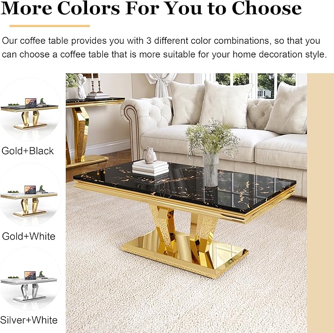 Modern Marble Coffee Table, 47" Living Room Table with Diamond-Shape Stainless Steel Base and Thickened Faux Marble Top for Living Room, Bedroom, Lounge (Gold,Black)