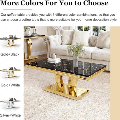 Modern Marble Coffee Table, 47" Living Room Table with Diamond-Shape Stainless Steel Base and Thickened Faux Marble Top for Living Room, Bedroom, Lounge (Gold,Black)