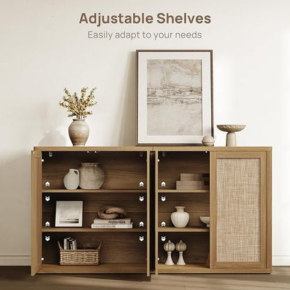SICOTAS Rattan Sideboard Buffet Console Table - 95” Larger Modular Credenza Stand, 3 Pieces Boho Coffee Bar Cabinet with Storage & Adjustable Shelves for Hallway, Living Room, Dining Room