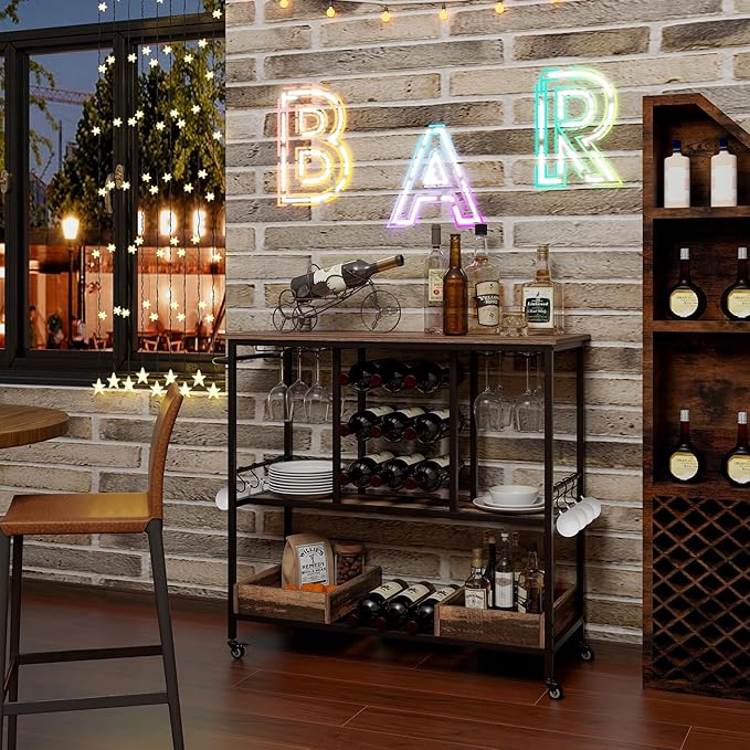 Giantex Bar Cart, 3 Tier Home Serving Cart on Wheels, Glass Racks, 12 Wine Holders, 8 Hooks & Storage Boxes, Industrial Rolling Beverage Cart for Coffee Bar, Kitchen, Dining Room