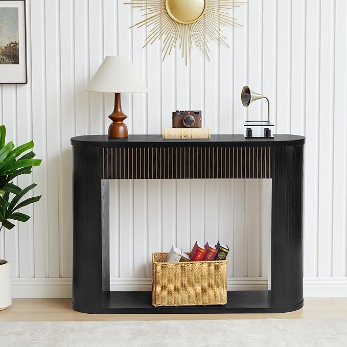 42.5” Console Table with 2 Drawers, Fluted Entryway Table with Rounded Corners, Rectangular Sofa Table Behind Couch for Living Room, Hallway, Foyer (Black)