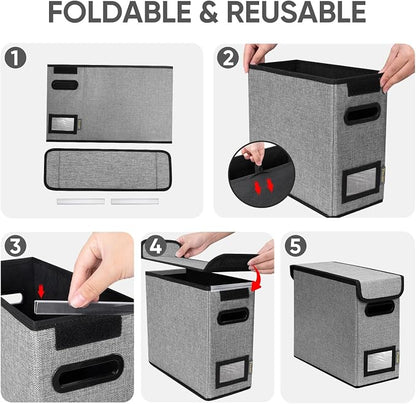 BALEINE File Organizer Box with Lid, Collapsible File Folder Organizer with Plastic Slide, Hanging File Folder Box for Office Document Storage (2 Pack, Grey, S)