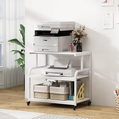 Fannova Printer Stand, 32.3" x 18.9" x 32.1" Extra Large Printer Table with Adjustable Storage Shelf, 3 Tier Rolling Printer Cart with Industrial Wheels for Home Office, White
