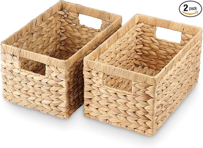 Water Hyacinth Storage Baskets Set of 2 - Medium Decorative Wicker Baskets for Organizing Shelves, Rectangular Woven Storage Bins with Handles for Pantry, Bathroom, Living Room 13"x9"x7"