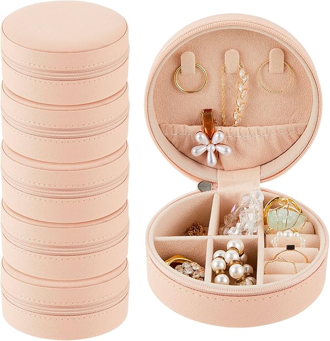6 Pcs Travel Jewelry Case Bridesmaid Gift Boxes Jewelry Travel Organizer Small Round Jewelry Box Mini Storage PU Leather