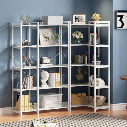 Tohomeor Bookshelf 5 Tier Deformable Corner Bookcase Free Standing Modern Industrial Book Storage Display Book Shelf for Bedroom Living Room Study Room Office (White)