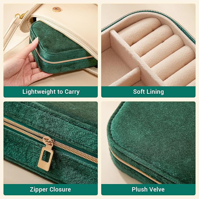 CASEGRACE Plush Velvet Travel Jewelry Box, Portable Jewelry Case for Women Girls, Double Layer Jewelry Organizer Display Box for Necklace Earring Rings Bracelet, Travel Accessory Gifts, green