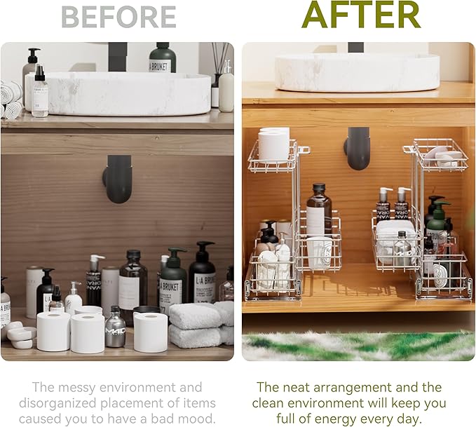 2 Tier Under Sink Organizer 11"W X18"D, Pull Out Cabinet Organizer One Removable Basket, Under Sink Slide Out Chrome Plated, Under Kitchen Bathroom Sink Organizer, 1 Pack