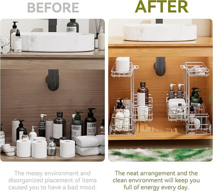 2 Tier Under Sink Organizer 11"W X18"D, Pull Out Cabinet Organizer One Removable Basket, Under Sink Slide Out Chrome Plated, Under Kitchen Bathroom Sink Organizer, 1 Pack