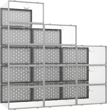 Pinkpum 12 Pcs XLarge Shoe & Sneaker Storage Organizer Box Clear Plastic Stackable Closet Grey