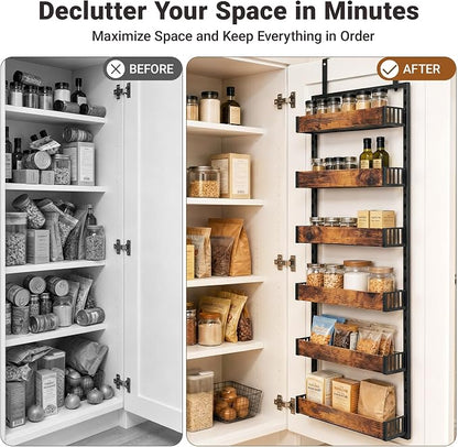 6-Tier Over the Door Pantry Organizer, 2-in-1 Door Hanging or Wall Mounted Spice Rack, Space Saving Metal Storage Shelves with Adjustable Baskets for Kitchen, Closet, Bathroom