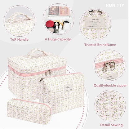 Makeup Bag,Quilted Cosmetic Bags,Large Floral Make Up Organize bag,Makeup Bag Set for Women,Flower Travel Toiletry Bag