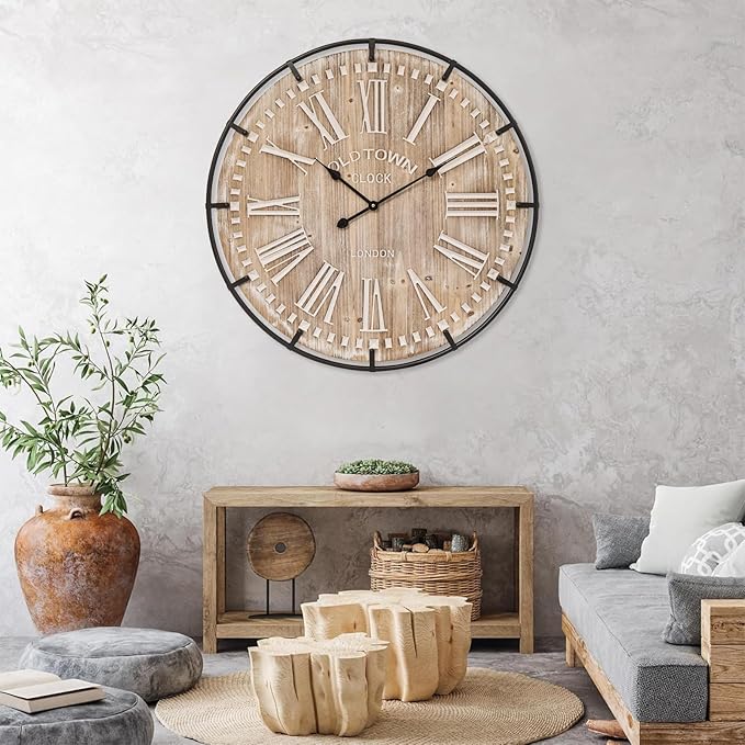 MICWIC Farmhouse Wall Clock 30 Inch - Rustic Wood Metal Decor, Silent Sweep, Battery Operated for Living Room Kitchen Office, Brown