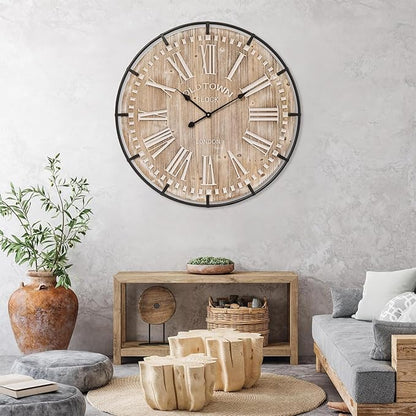 MICWIC Farmhouse Wall Clock 30 Inch - Rustic Wood Metal Decor, Silent Sweep, Battery Operated for Living Room Kitchen Office, Brown