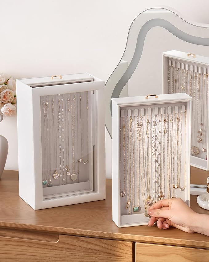 Lolalet Upgraded Double-Sided Hanging Necklace Organizer Box, Jewelry Display Case with Double-Sided Clear Window for Necklaces Bracelets, Tangle-Free Necklace Storage Box, White, 2-Layer 40 Hooks