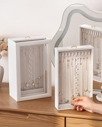 Lolalet Upgraded Double-Sided Hanging Necklace Organizer Box, Jewelry Display Case with Double-Sided Clear Window for Necklaces Bracelets, Tangle-Free Necklace Storage Box, White, 2-Layer 40 Hooks