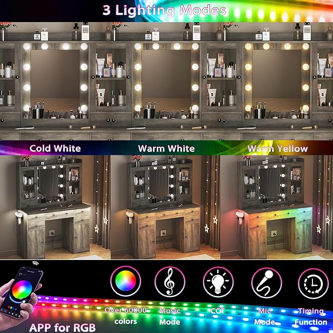 Vanity Desk with Mirror and Lights, Grey Vanity with Lighted Mirror & Power Outlet and 7 Drawers, 3 Color Modes Adjustable, Makeup Dressing Table Set with Lights for Girls Women