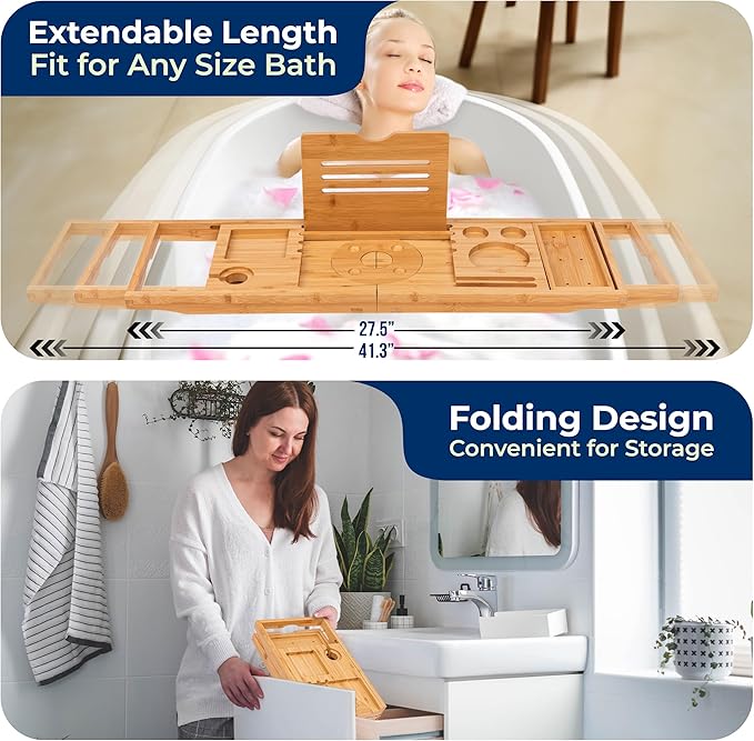 SereneLife Premium Bathtub Tray Caddy, Expandable Bath Tray, Unique House Warming Gifts, Gift for Mom, Women, New Home, Wedding, Anniversary, Bridal Shower, Universal Fit for All Tub