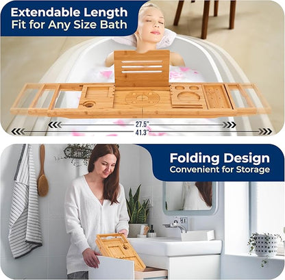 SereneLife Premium Bathtub Tray Caddy, Expandable Bath Tray, Unique House Warming Gifts, Gift for Mom, Women, New Home, Wedding, Anniversary, Bridal Shower, Universal Fit for All Tub