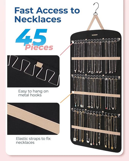 BAGSMART Hanging Jewelry Organizer, Necklace Holder Anti-tangle Earrings Rings Hanger with Pockets Hang on Closet, Wall, Door,1 Piece, Extra Large Black