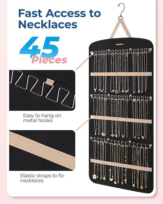 BAGSMART Hanging Jewelry Organizer, Necklace Holder Anti-tangle Earrings Rings Hanger with Pockets Hang on Closet, Wall, Door,1 Piece, Extra Large Black