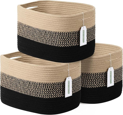 Cotton Rope Storage Basket, 15x10x9 Inches, Woven Basket for Shelves, Clothes, Towels, Books, and Laundry, Gradient Black/Brown (3 Pack)