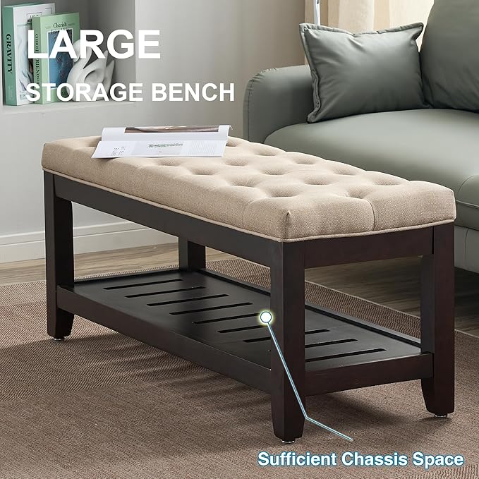 44" Ottoman Bench, Upholstered End of Bed Bench, Oversized Footrest with Wood Shelf torage Storage Bench for Bedroom, Entryway, Living Room, Light Brown