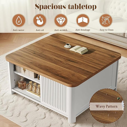 Lift Top Coffee Table with Storage, 31.5" Mid Century Modern Square Coffee Tables for Living Room, Large Hidden Storage Compartment, Adjustable Shelves & Sliding Door, White