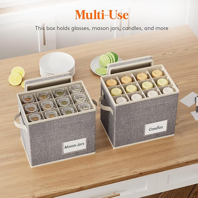 Lifewit 4 Pcs Champagne Flute Storage Box with Dividers, Stackable Cationic Hard Shell Stemware Organizer with 48 Cells, Foldable Dustproof China Containers for Moving, Light Grey