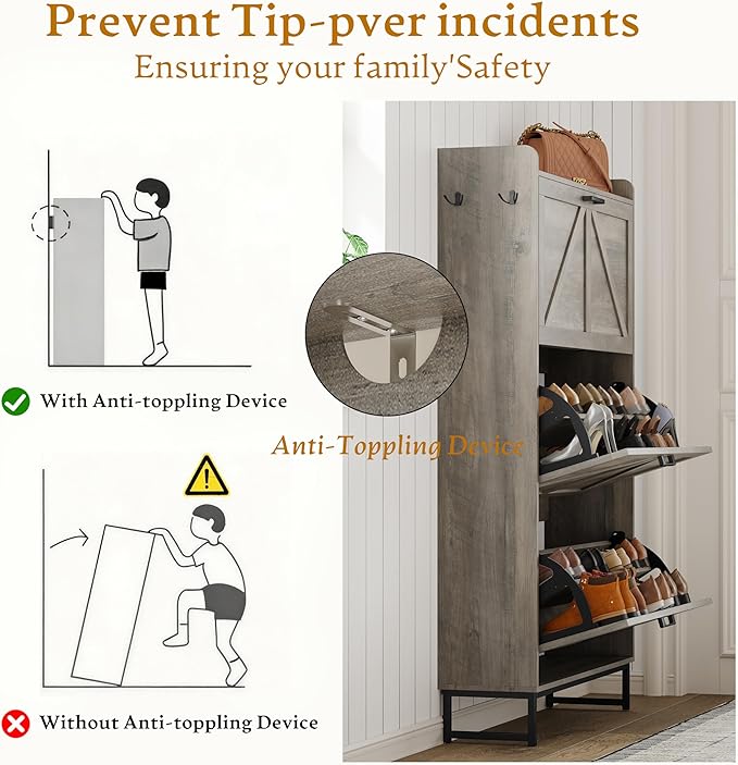 Shoe Cabinet Storage for Entryway, Shoe Storage Cabinet with 3 Flip Drawers, Freestanding Narrow Shoe Rack Organizer with Metal Legs for Foyer, Hallway, Grey