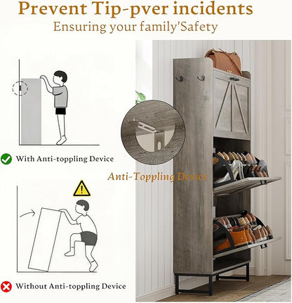 Shoe Cabinet Storage for Entryway, Shoe Storage Cabinet with 3 Flip Drawers, Freestanding Narrow Shoe Rack Organizer with Metal Legs for Foyer, Hallway, Grey
