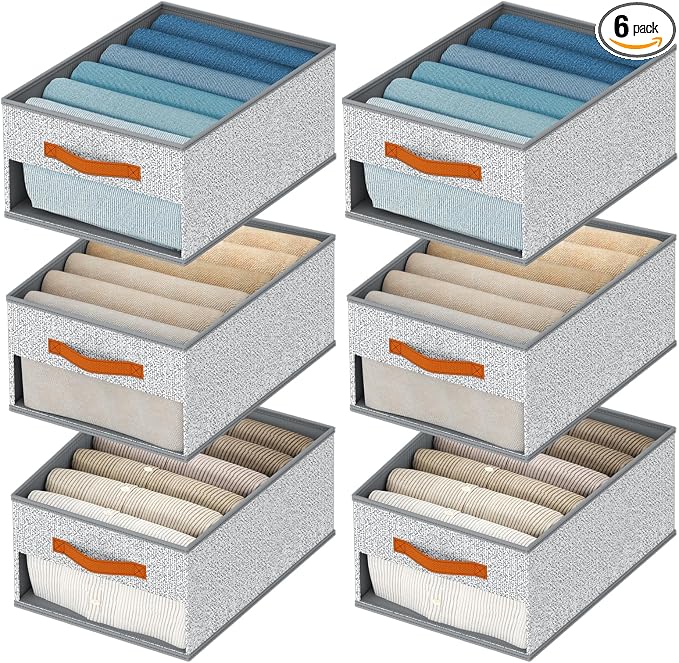 Homsorout Drawer Organizers and Storage - 6 Pack Foldable Pants Organizer with Clear Window & Handles, Fabric Closet Organizer for Clothes, Jeans, Sweaters, Towels, T-shirt, Scarf (Ant Light Gray)