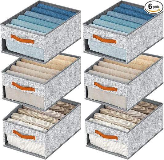 Homsorout Drawer Organizers and Storage - 6 Pack Foldable Pants Organizer with Clear Window & Handles, Fabric Closet Organizer for Clothes, Jeans, Sweaters, Towels, T-shirt, Scarf (Ant Light Gray)